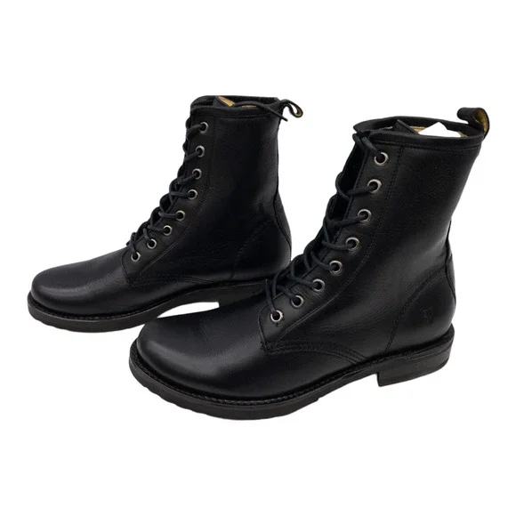 Frye Black Veronica Leather Lace Up Heeled Combat Boots 6.5 - Picture 2 of 12